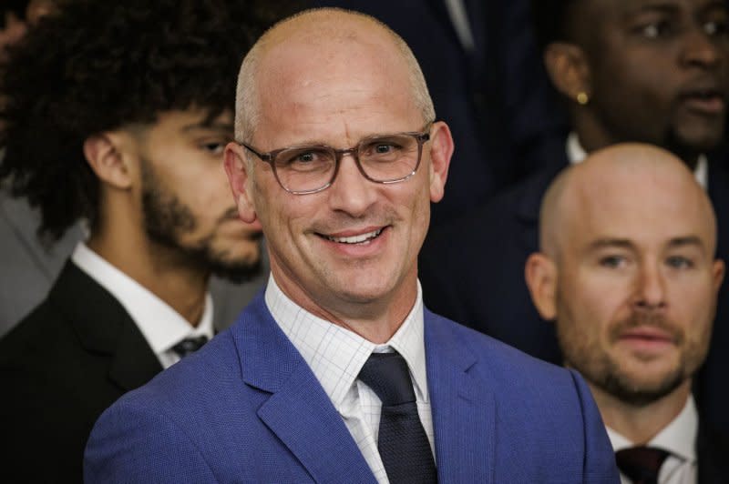 UConn coach Dan Hurley will lead the defending champion Huskies against the Purdue Boilermakers in the 2024 NCAA Division I men's basketball tournament Monday in Glendale, Ariz. File Photo by Samuel Corum/UPI