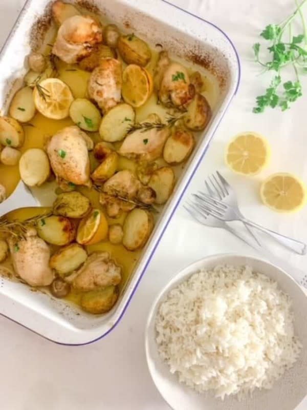 <p>Gluten Free Tranquility</p><p>Chicken lemon sheet pan dinner—the zesty lemon flavor combined with the garlic and honey just works well and makes a delicious and easy meal.</p><p><strong>Get the recipe: <a href="https://www.glutenfreetranquility.com/lemon-chicken-tray-bake/" rel="nofollow noopener" target="_blank" data-ylk="slk:Lemon Chicken Tray Bake;elm:context_link;itc:0;sec:content-canvas" class="link ">Lemon Chicken Tray Bake</a></strong></p>