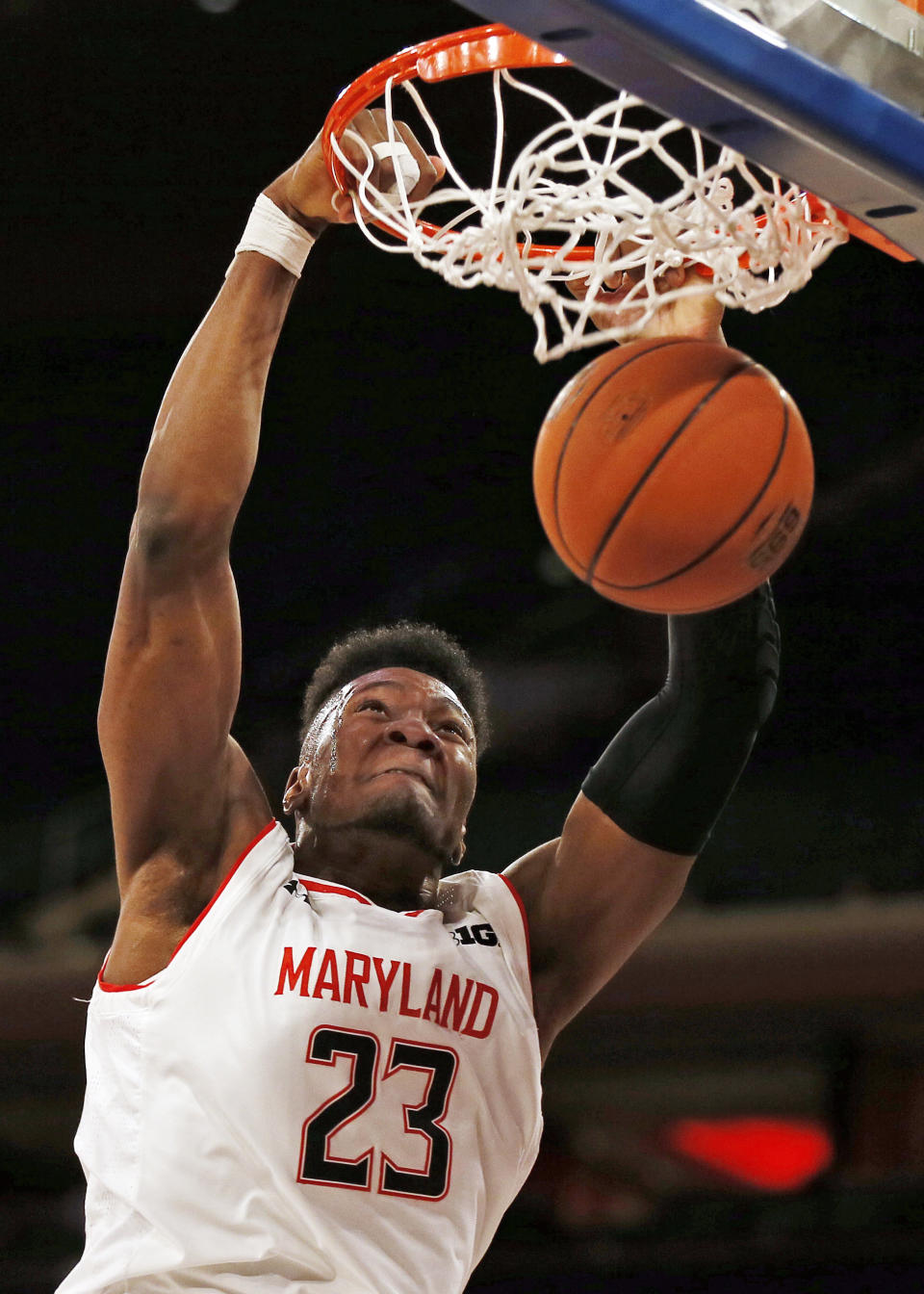 FILE - In this Jan. 26, 2019, file photo, Maryland forward Bruno Fernando (23) dunks the ball during the first half of an NCAA college basketball game against Illinois, in New York. Fernando was named to the AP All-Big Ten Conference team, Tuesday, March 12, 2019. (AP Photo/Adam Hunger, File)