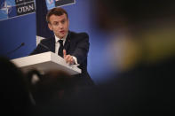 French President Emmanuel Macron speaks during a media conference at the conclusion of a NATO leaders meeting at The Grove hotel and resort in Watford, Hertfordshire, England, Wednesday, Dec. 4, 2019. NATO Secretary-General Jens Stoltenberg rejected Wednesday French criticism that the military alliance is suffering from brain death, and insisted that the organization is adapting to modern challenges. (AP Photo/Francisco Seco)