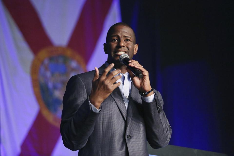 Florida Democratic gubernatorial candidate Andrew Gillum speaks during a rally at CFE Arena on the campus of UCF in Orlando, Fla., on Saturday, Nov. 3, 2018. (Stephen M. Dowell/Orlando Sentinel via AP)