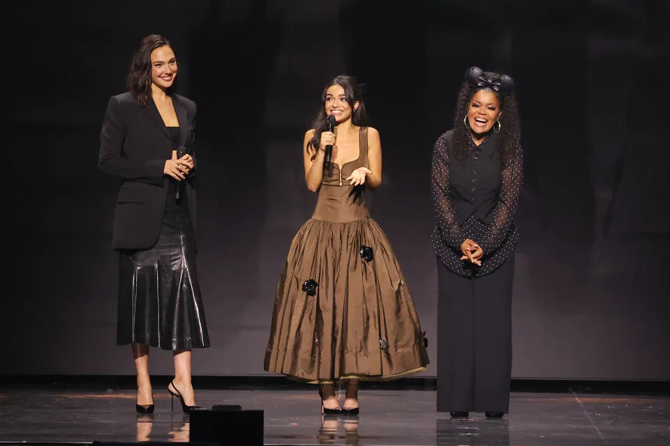 L to R: Gal Gadot, Rachel Zegler and Yvette Nicole Brown at D23 on Aug. 9 in Anaheim, Calif, Disney, Snow White, Aquazzura, Julie de Libran