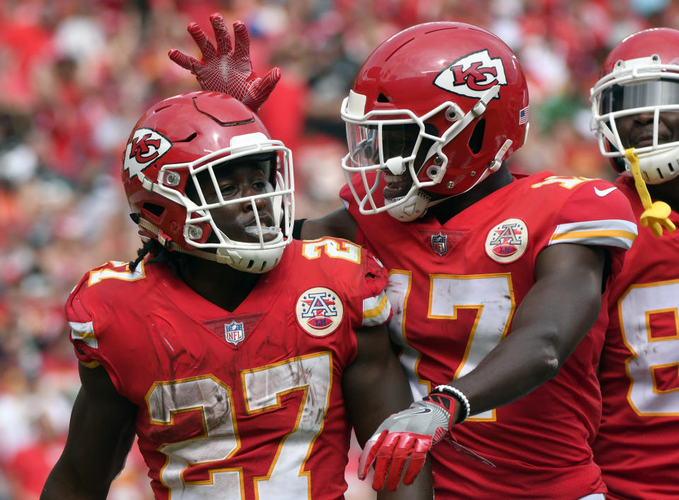 Kansas City Chiefs running back Kareem Hunt (27) has five touchdowns in his first two NFL games. (AP)