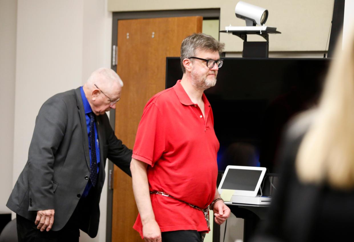 Edward Gutting, 50, who is charged with first-degree murder after he allegedly killed 66-year-old Marc Cooper, during his trial at the Greene County Courthouse on Monday, May 22, 2023.