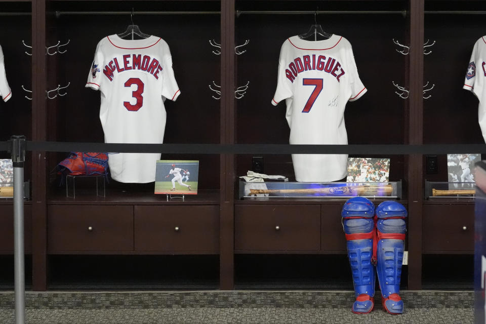 Texas Rangers baseball memorabilia is on display during a media tour of the All Star Village at Choctaw Stadium ahead of the MLB All Star baseball game in Arlington, Texas, Thursday, July 11, 2024. (AP Photo/LM Otero)