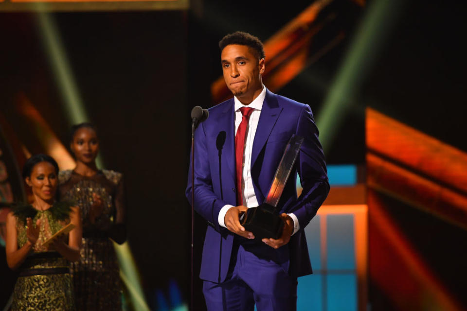 Malcolm Brogdon of the Milwaukee Bucks with the Rookie of the Year award during the 2017 NBA Awards Show on June 26, 2017 at Basketball City in New York City. (Jesse D. Garrabrant/NBAE/Getty Images)