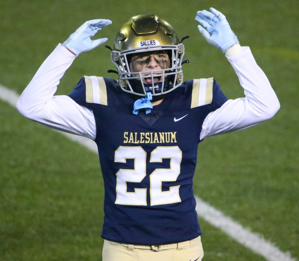 Salesianum's Jacob Ziegler looks for crowd noise as the Sals turn up the heat against Cape Henlopen in the third quarter of Salesianum's 45-17 win in the DIAA Class 3A state championship at Delaware Stadium, Friday, Dec. 1, 2023.