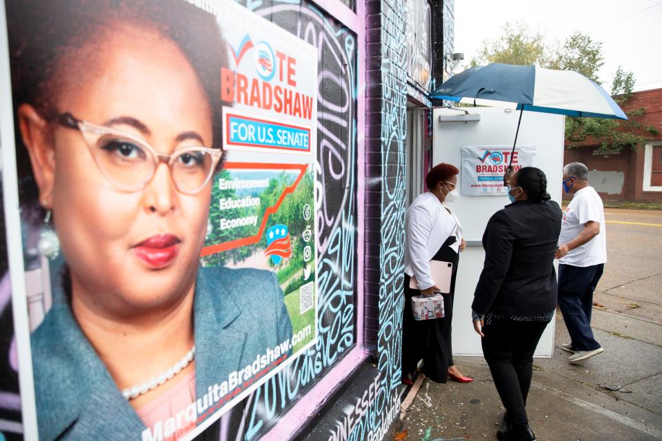 U.S. Senate candidate Marquita Bradshaw leaves her election headquarters on Lamar Avenue to vote Oct. 29, 2020, in Memphis, Tennessee.