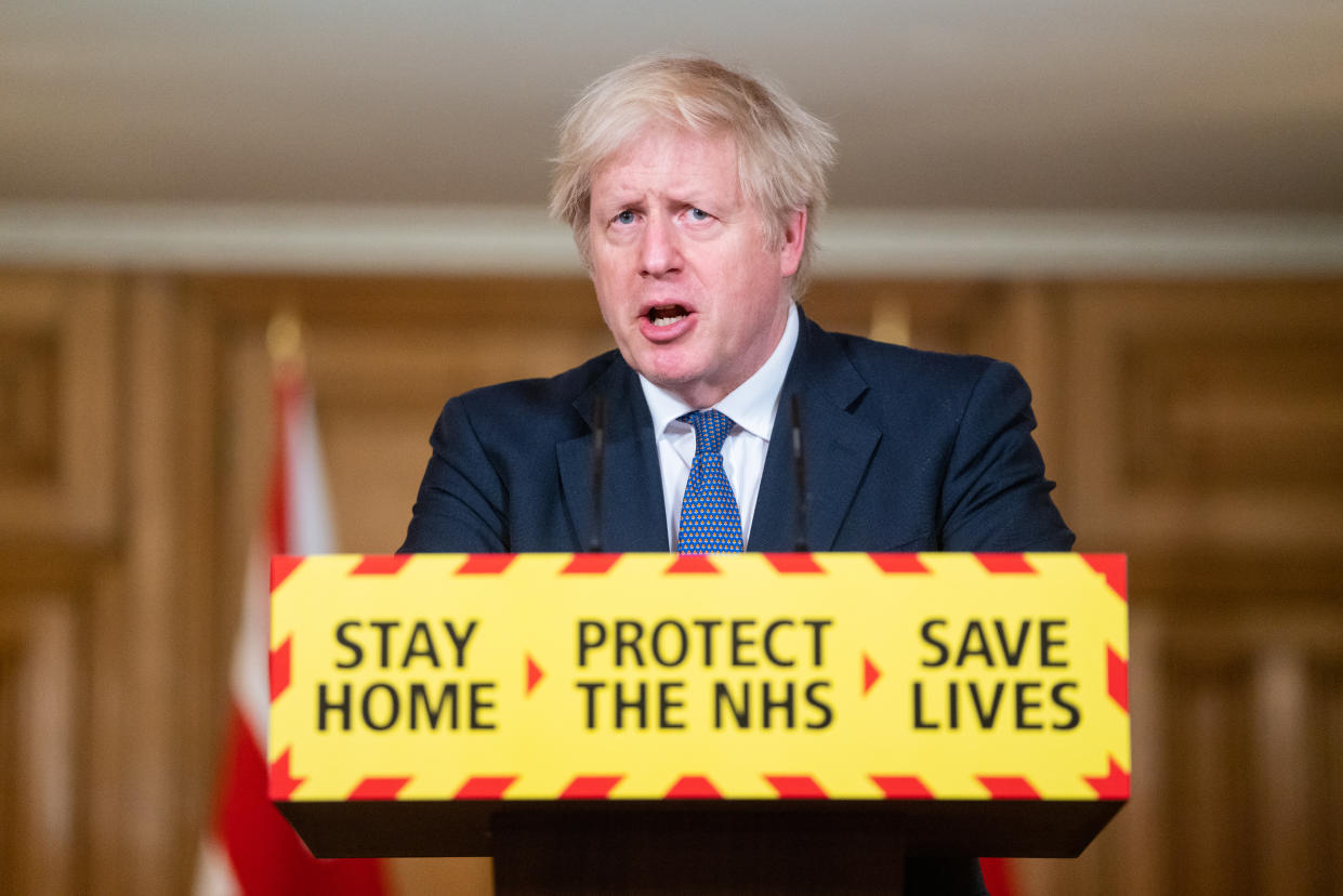 LONDON, ENGLAND - JANUARY 15: UK Prime Minister Boris Johnson speaks during a media briefing on coronavirus (COVID-19) at Downing Street on January 15, 2021 in London, England. (Photo by Dominic Lipinski - WPA Pool/Getty Images)