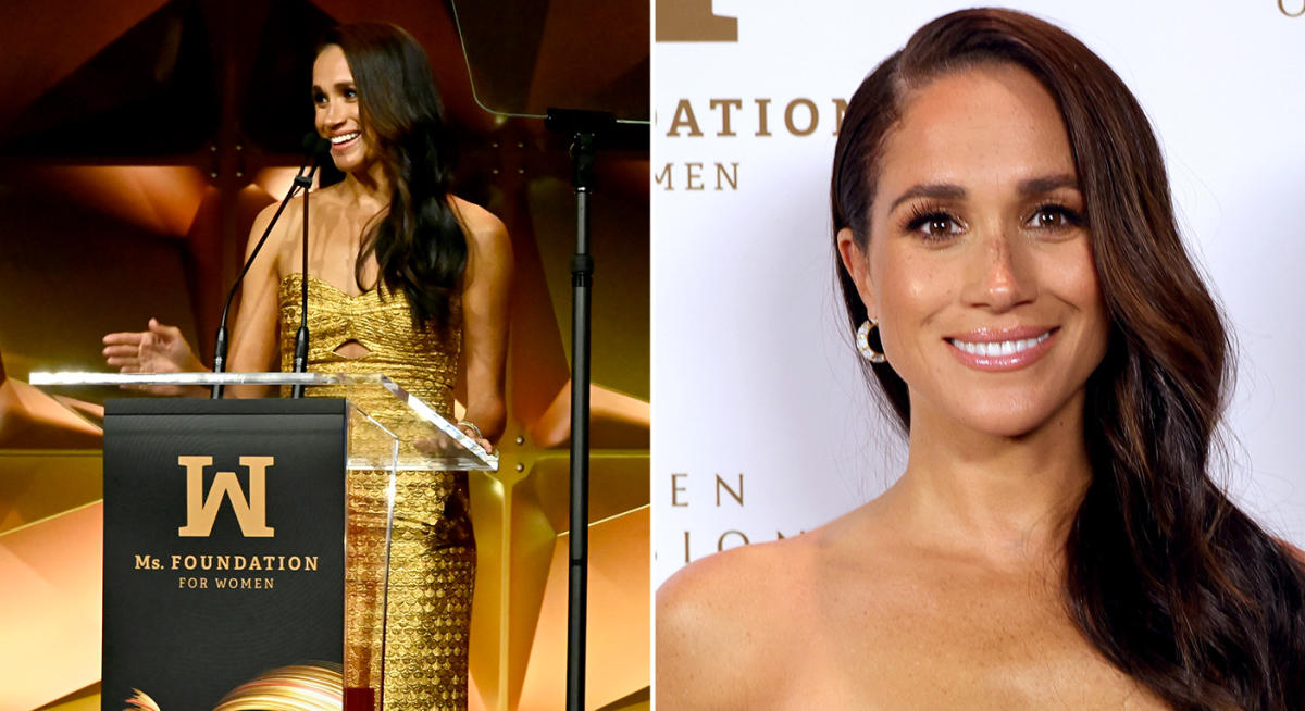 Meghan Markle attends awards in strapless gold dress