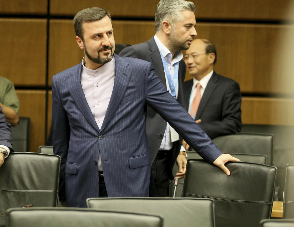 Iran's Ambassador to the International Atomic Energy Agency, IAEA, Gharib Abadi, waits for the start of the IAEA board of governors meeting at the International Center in Vienna, Austria, Wednesday, July 10, 2019. (AP Photo/Ronald Zak)