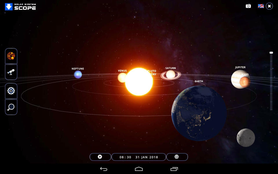 The free Solar System Scope app features a 3D model of the solar system that you can manipulate to better understand the motions of the moon and planets. You can select a specific date and time, or allow time to flow forwards and watch things move. Here, the Jan. 31, 2018 total lunar eclipse is modeled. The software is available in both browser and mobile versions, and includes a sky chart mode for night-time skywatchers. <cite><a href="https://www.solarsystemscope.com/" rel="nofollow noopener" target="_blank" data-ylk="slk:Solar System Scope;elm:context_link;itc:0;sec:content-canvas" class="link ">Solar System Scope</a></cite>
