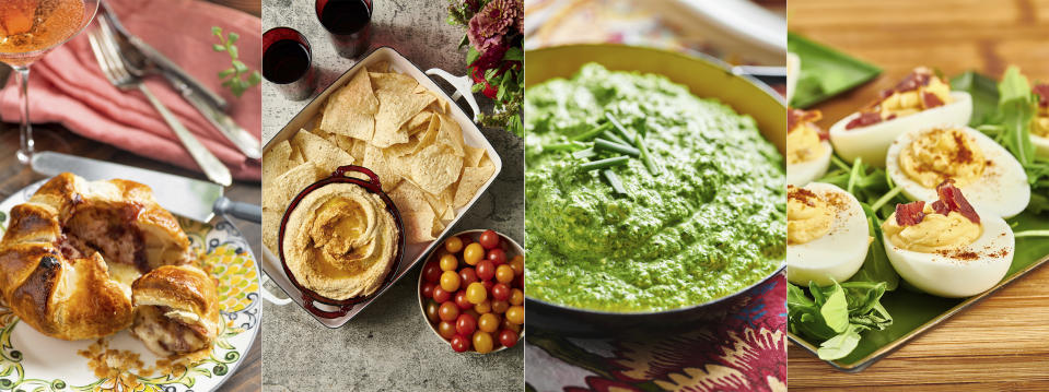 This combination of photos shows recipes for Baked Brie en Croute with Raspberry Jam, from left, hummus, Parmesan Feta Spinach Dip and Deviled Eggs. (Cheyenne M. Cohen via AP)