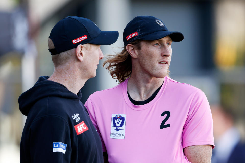 MELBOURNE, AUSTRALIA - FEBRUARY 14: Nathan Murphy of the Magpies looks on during a Collingwood Magpies training session at AIA Centre on February 14, 2024 in Melbourne, Australia. (Photo by Dylan Burns/AFL Photos via Getty Images)