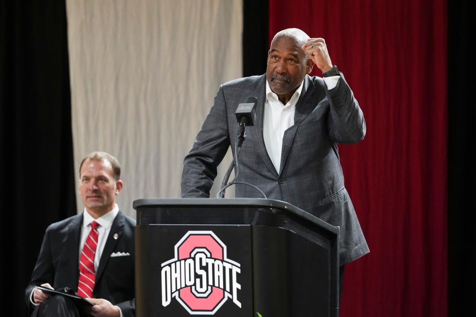 Jan 17, 2024; Columbus, OH, USA; Ohio State athletic director Gene Smith speaks at a press conference to name Ross Bjork as his successor at the Covelli Center.