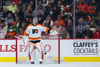 Philadelphia Flyers' Martin Jones reacts after giving up a goal to Boston Bruins' Brad Marchand during the second period of an NHL hockey game, Wednesday, Oct. 20, 2021, in Philadelphia. (AP Photo/Matt Slocum)