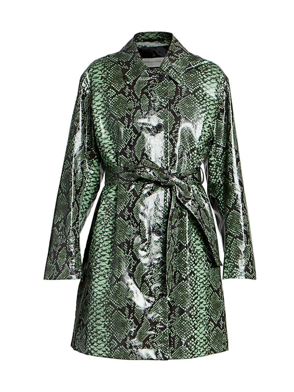 4) Snakeskin-Print Patent Belted Trench Coat