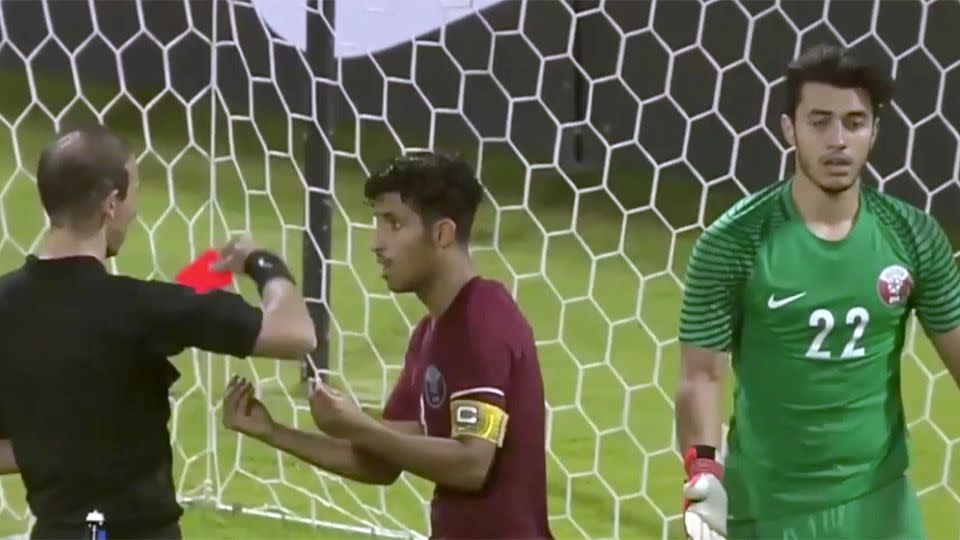 Qatar's keeper was given his marching orders. Pic: Twitter