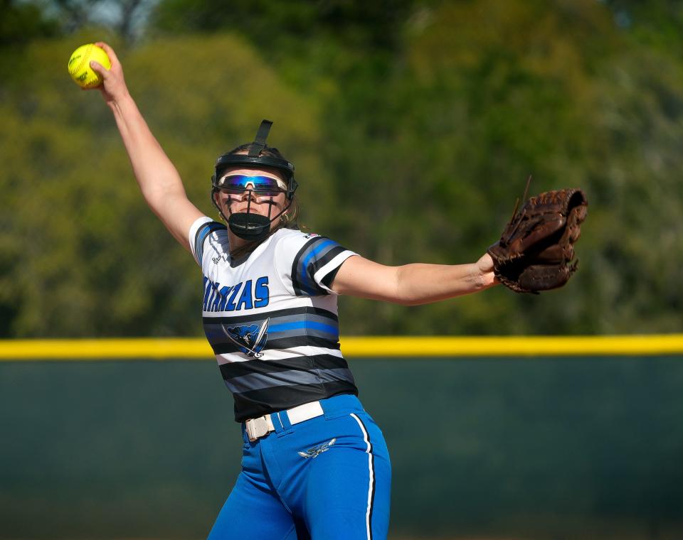 Matanzas pitcher Leah Stevens throws during a game with University at University High School in Orange City, Thursday, March 14, 2024.