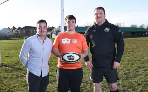 Billy Duffy with tutor Lewis Griffiths (left) and coach Gareth Williams (right) at the Hitz programme, Exeter - Credit: Jay Williams