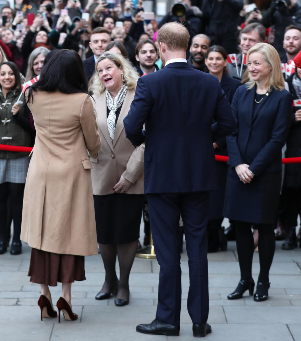 The Duke and Duchess of Sussex arriving for their visit to Canada House, central London, to meet with Canada's High Commissioner to the UK, Janice Charette, as well as staff, to thank them for the warm hospitality and support they received during their recent stay in Canada. (Photo by Yui Mok/PA Images via Getty Images)