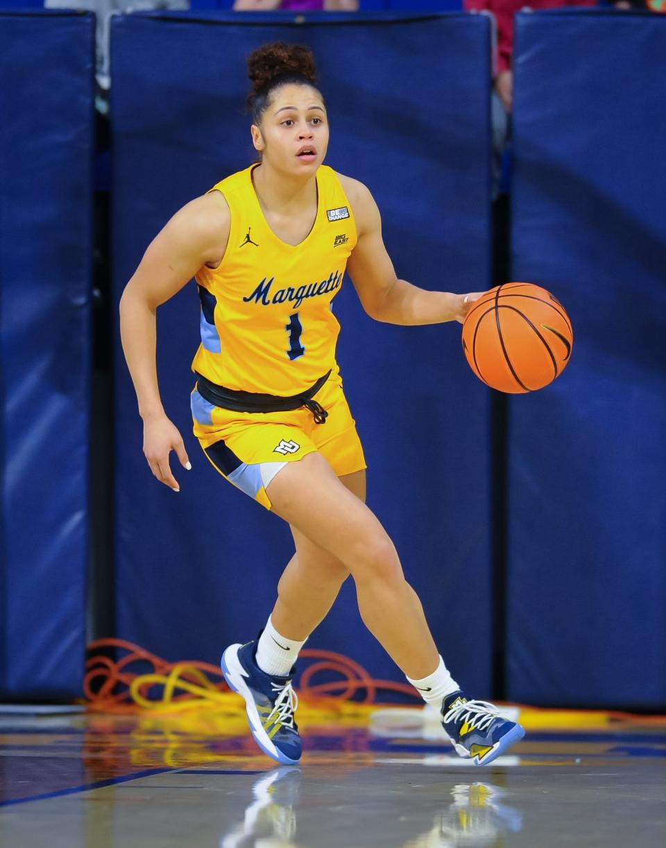 Marquette Golden Eagles guard Nia Clark (1) brings the ball up court against the Saint Francis Red Flash on Sunday, November 27, 2022, at the Al McGuire Center in Milwaukee, Wisconsin.