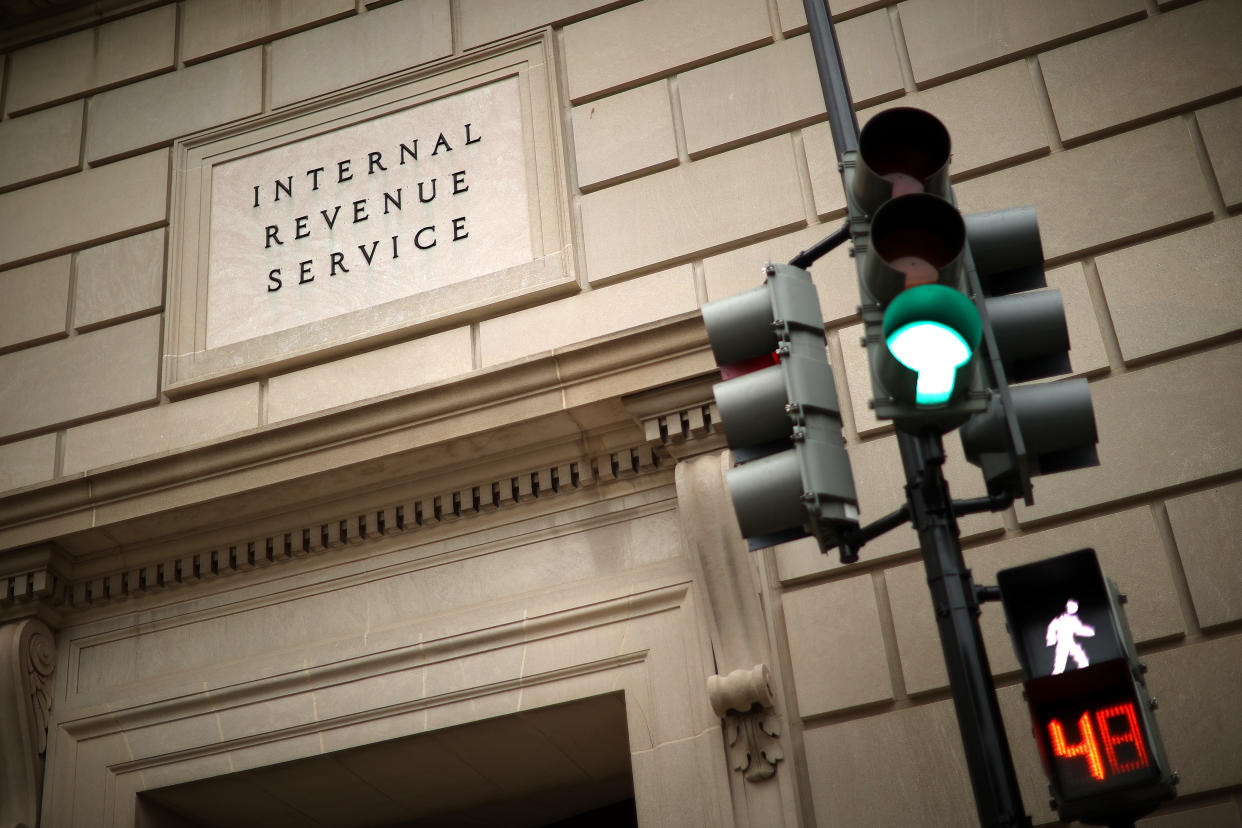 WASHINGTON, DC - APRIL 27: The Internal Revenue Service headquarters building appeared to be mostly empty April 27, 2020 in the Federal Triangle section of Washington, DC. The IRS called about 10,000 volunteer employees back to work Monday at 10 of its mission critical locations to work on taxpayer correspondence, handling tax documents, taking telephone calls and other actions related to the tax filing season. (Photo by Chip Somodevilla/Getty Images)