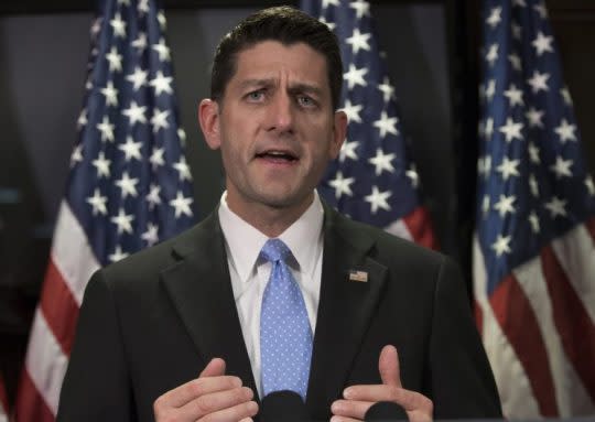 House Speaker Paul Ryan talks to reporters at the Republican National Committee headquarters on Capitol Hill on June 14, 2016. (AP Photo/J. Scott Applewhite)