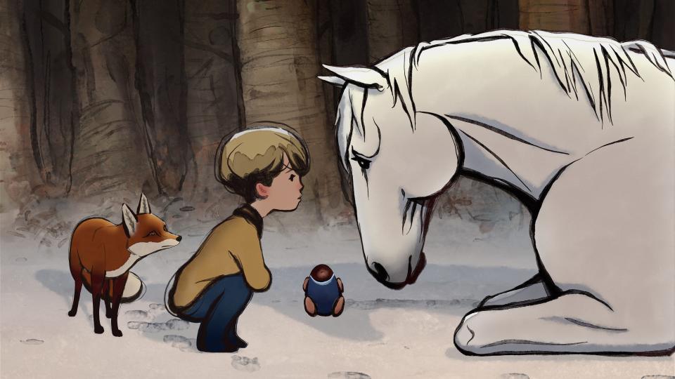 A fox (voiced by Idris Elba, far left) makes friends with a boy (Jude Coward Nicoll), a mole (Tom Hollander) and a Horse (Gabriel Byrne) in "The Boy, the Mole, the Fox and the Horse,"