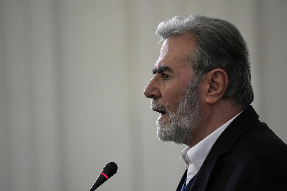 The leader of the Palestinian Islamic Jihad group Ziad Nakhaleh briefs the media after his meeting with the Iranian Foreign Minister Hossein Amirabdollahian, in Tehran, Iran, Saturday, March 30, 2024. (AP Photo/Vahid Salemi)