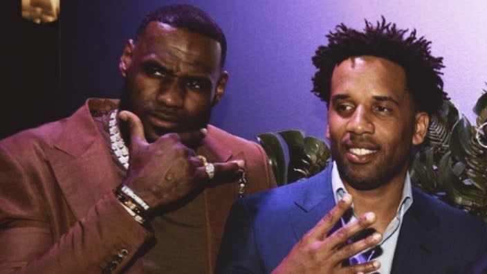 LeBron James (left) and Maverick Carter (right) pose for cameras at the 2019 All-Star Weekend Dinner presented by Remy Martin and hosted by Klutch Sports Group at 5Church in Charlotte, North Carolina. (Photo: Dominique Oliveto/Getty Images)