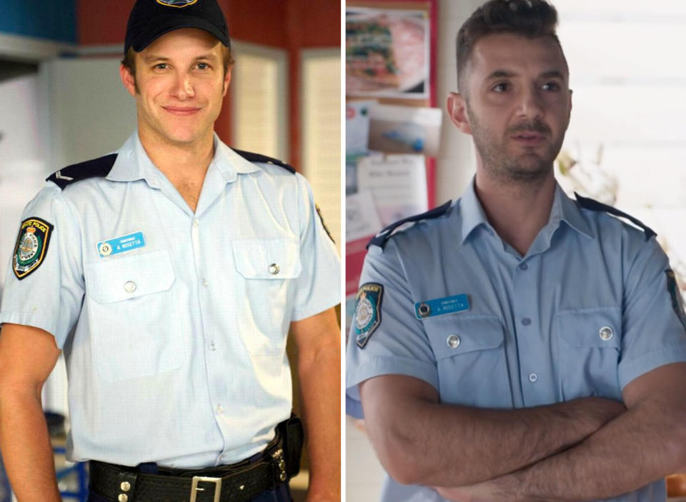 L: Luke Jacobz on Home and Away. R: Police officer on Home and Away