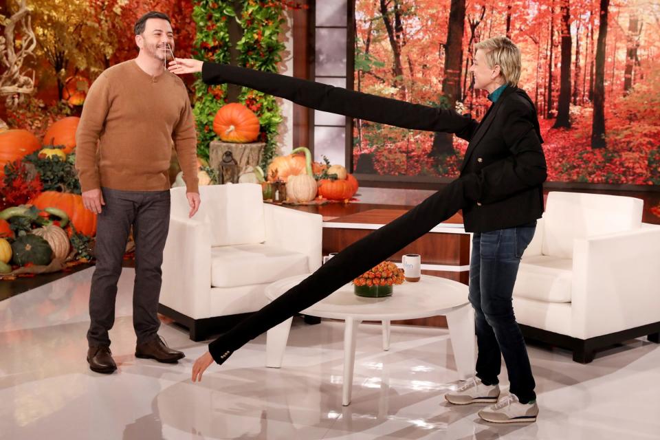 <p>Jimmy Kimmel gets a social distance hug from host Ellen DeGeneres during his guest appearance on <em>The Ellen DeGeneres Show</em> on Tuesday.</p>