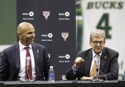 Bucks general manager John Hammond, right, with head coach Jason Kidd. (AP)