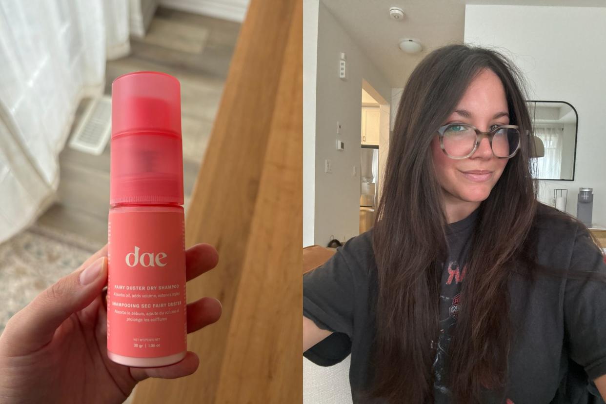 someone holding the dae dry shampoo, a selfie of someone after using the dry shampoo in their hair