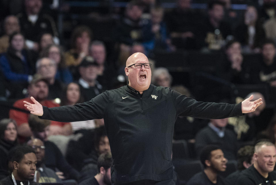 Wake Forest head coach Steve Forbes reacts to a call in the first half of an NCAA college basketball game against North Carolina State on Saturday, Jan. 28, 2023, at Joel Coliseum in Winston-Salem, N.C. (Allison Lee Isley/The Winston-Salem Journal via AP)