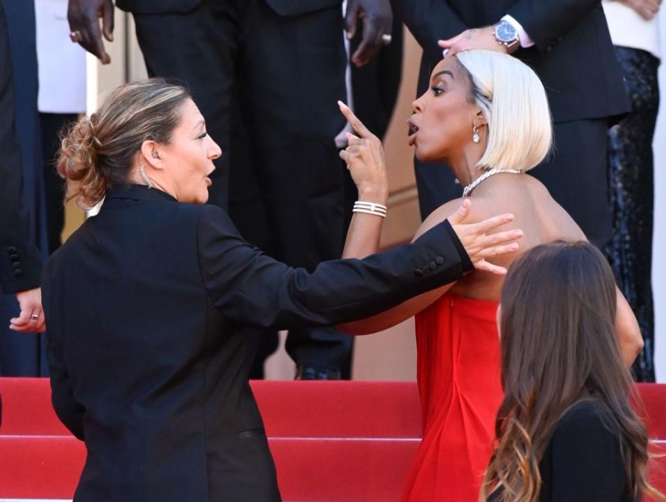 Kelly Rowland (right) arguing with security at the Cannes Film Festival on May 21, 2024. David Fisher/Shutterstock