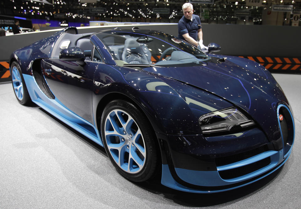 The Bugatti Vitesse is on display on Wednesday, March 7, 2012 during the press preview days at the 82nd Geneva International Motor Show in Geneva, Switzerland. The Motor Show will open it's doors to public from the 8th to the 18th of March presenting more than 260 exhibitors and more than 180 world and European premieres. (AP Photo/Frank Augstein)