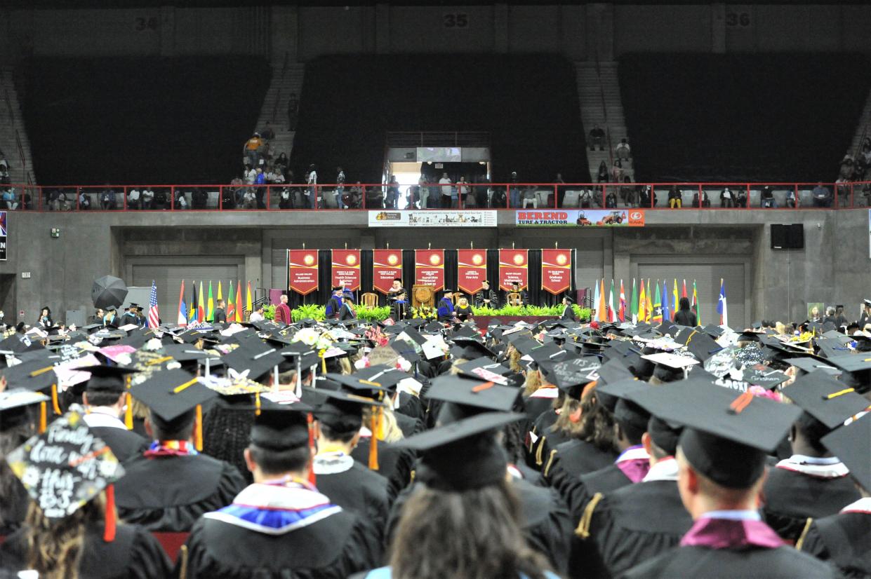 Graduates listen from afar during the 2022 MSU Spring Commencement ceremony at Kay Yeager in Wichita Falls.