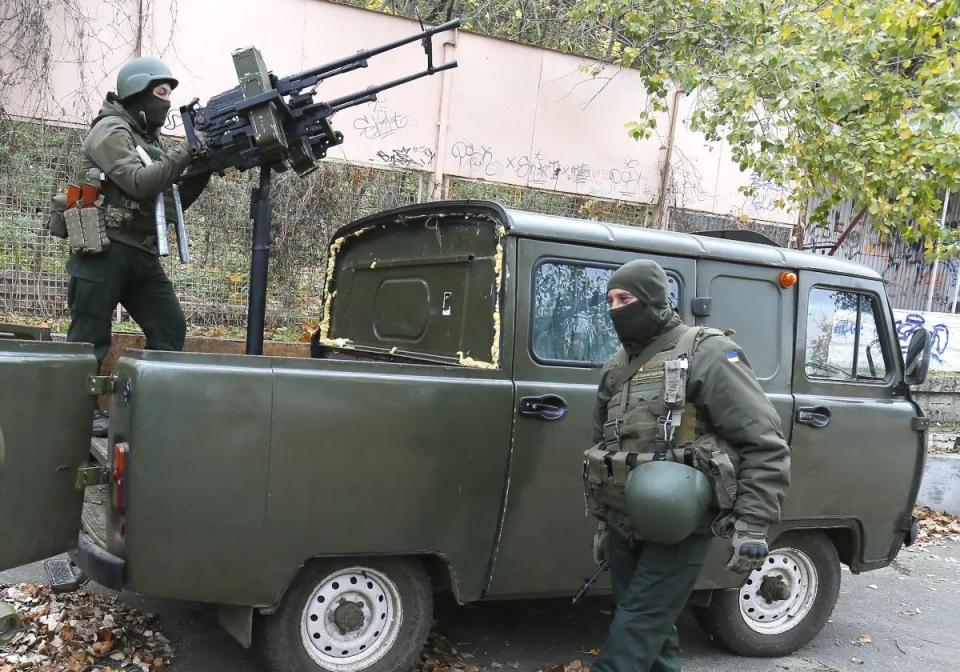 Drone hunters in the Mykolayiv region show off a modified UAZ-452 armed with two PKT machine guns on an improvised mount. <em>Vladimir Shtanko/Anadolu Agency via Getty Images</em>