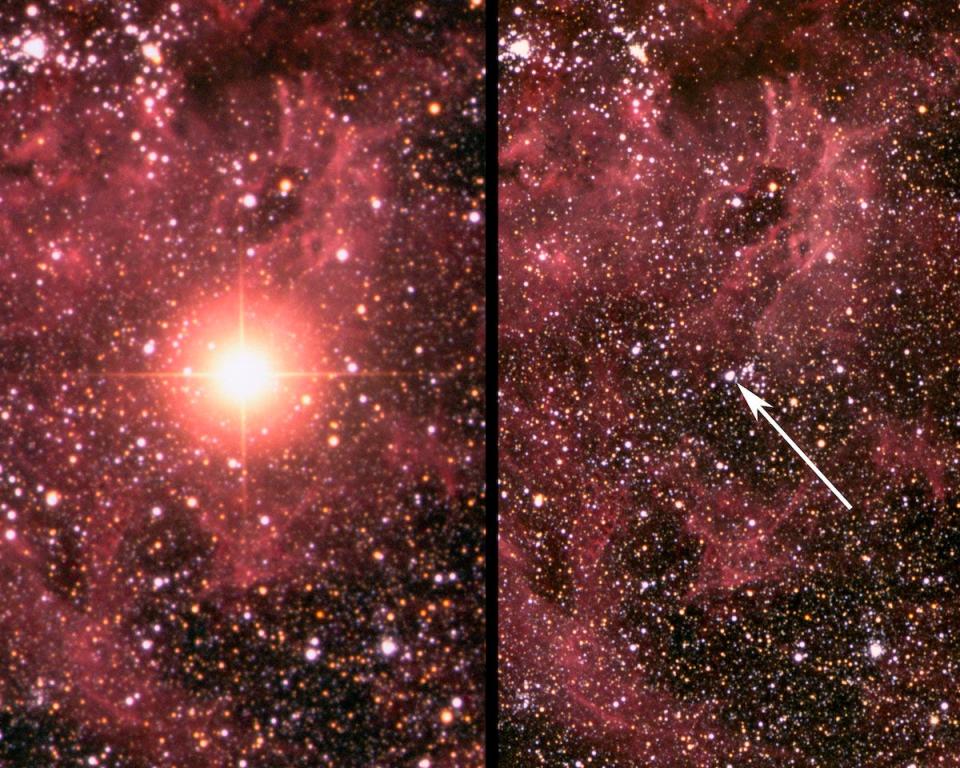 Supernova 1987A (links) und der Stern, bevor er explodierte (rechts). - Copyright: David Malin AAT