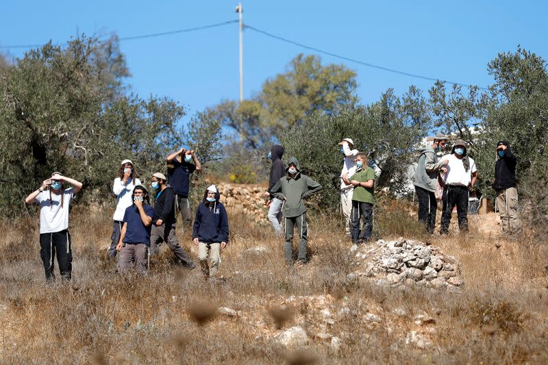 Israeli settlers watch Palestinians pick up olives near a Jewish settlement outpost near Ramallah in the Israeli-occupied West Bank