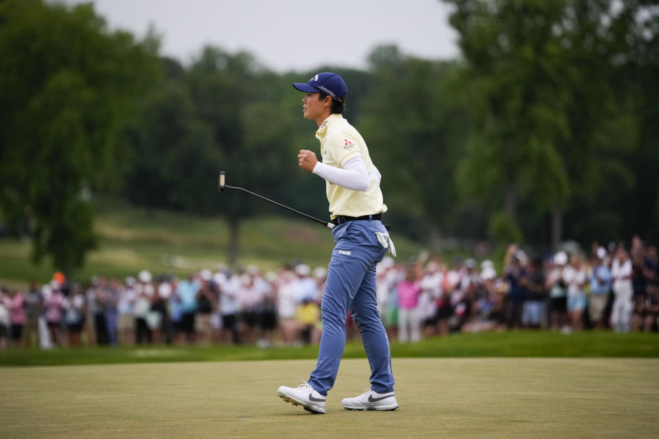 Yuka Saso, of Japan, reacts on the 18th green during the final round of the U.S. Women's Open golf tournament at Lancaster Country Club, Sunday, June 2, 2024, in Lancaster, Pa. (AP Photo/Matt Slocum)