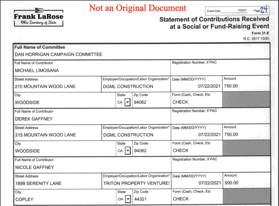 A screenshot of campaign contributions made by Derek and Nicole Gaffney, the brother and wife of Triton Property Ventures LLC owner Alan Gaffney, last year to Mayor Dan Horrigan's election campaign.