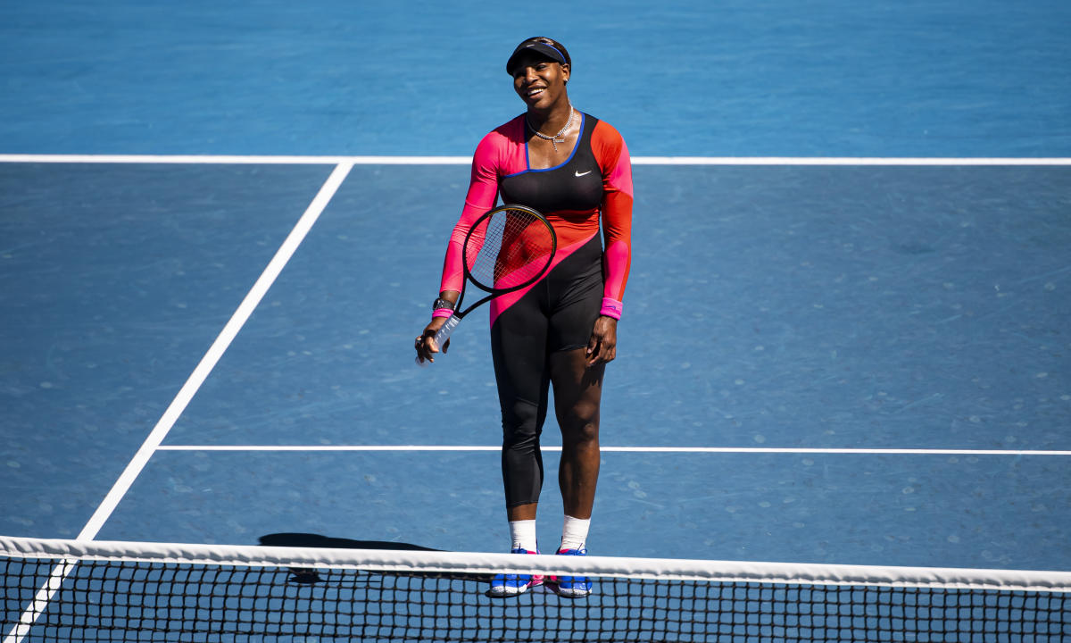 Serena Williams' daughter Olympia practices tennis while her dad