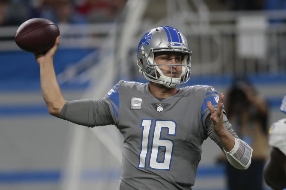 Detroit Lions quarterback Jared Goff (16) throws against the Baltimore Ravens in the first half of an NFL football game in Detroit, Sunday, Sept. 26, 2021. (AP Photo/Tony Ding)