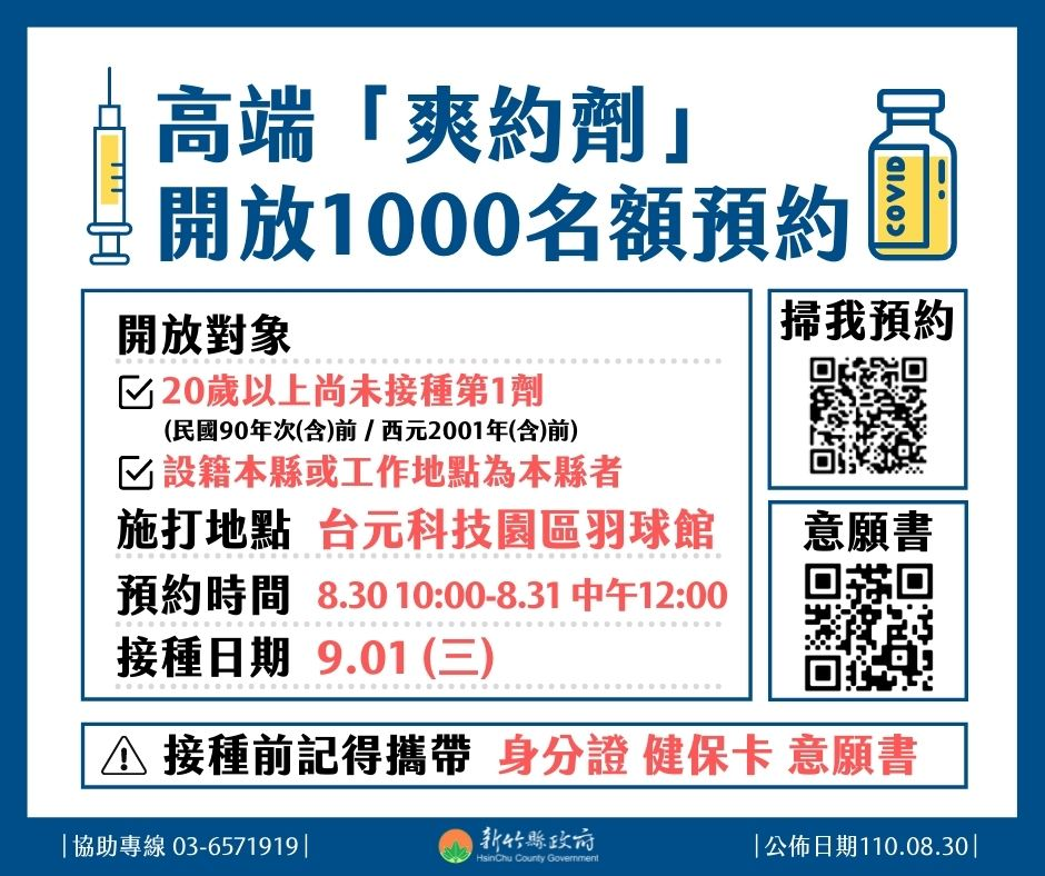 快新聞／快報名！新竹縣撥1000個高端「爽約劑」名額可於明12時前預約