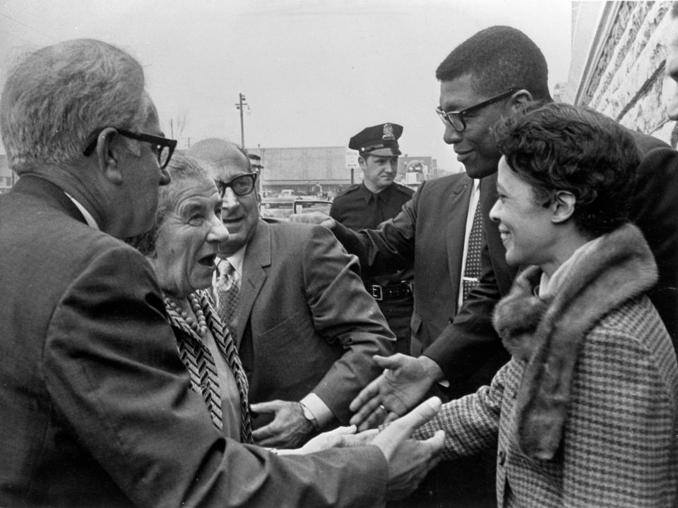 Golda Meir (second from left), in her first visit to the United States as prime minister of Israel, visits her Milwaukee alma mater, Fourth Street School, and is introduced by Principal Wayne Pool, left, to Milwaukee Aldermen Orville Pitts and Vel Phillips, at right, on Oct. 3, 1969.