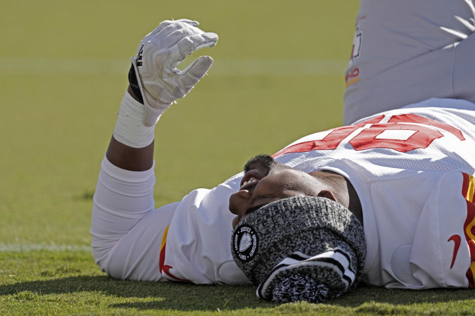 Kansas City Chiefs defensive tackle Chris Jones stretches during practice Wednesday, Feb. 7, 2024 in Henderson, Nev. The Chiefs are scheduled to play the San Francisco 49ers in the NFL's Super Bowl 58 football game Sunday in Las Vegas. (AP Photo/Charlie Riedel)