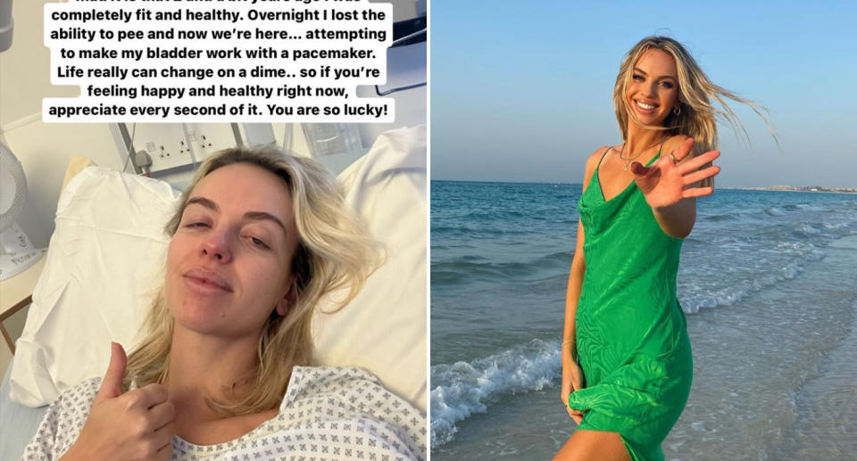 Ms Adams in hospital after surgery and at the beach. 